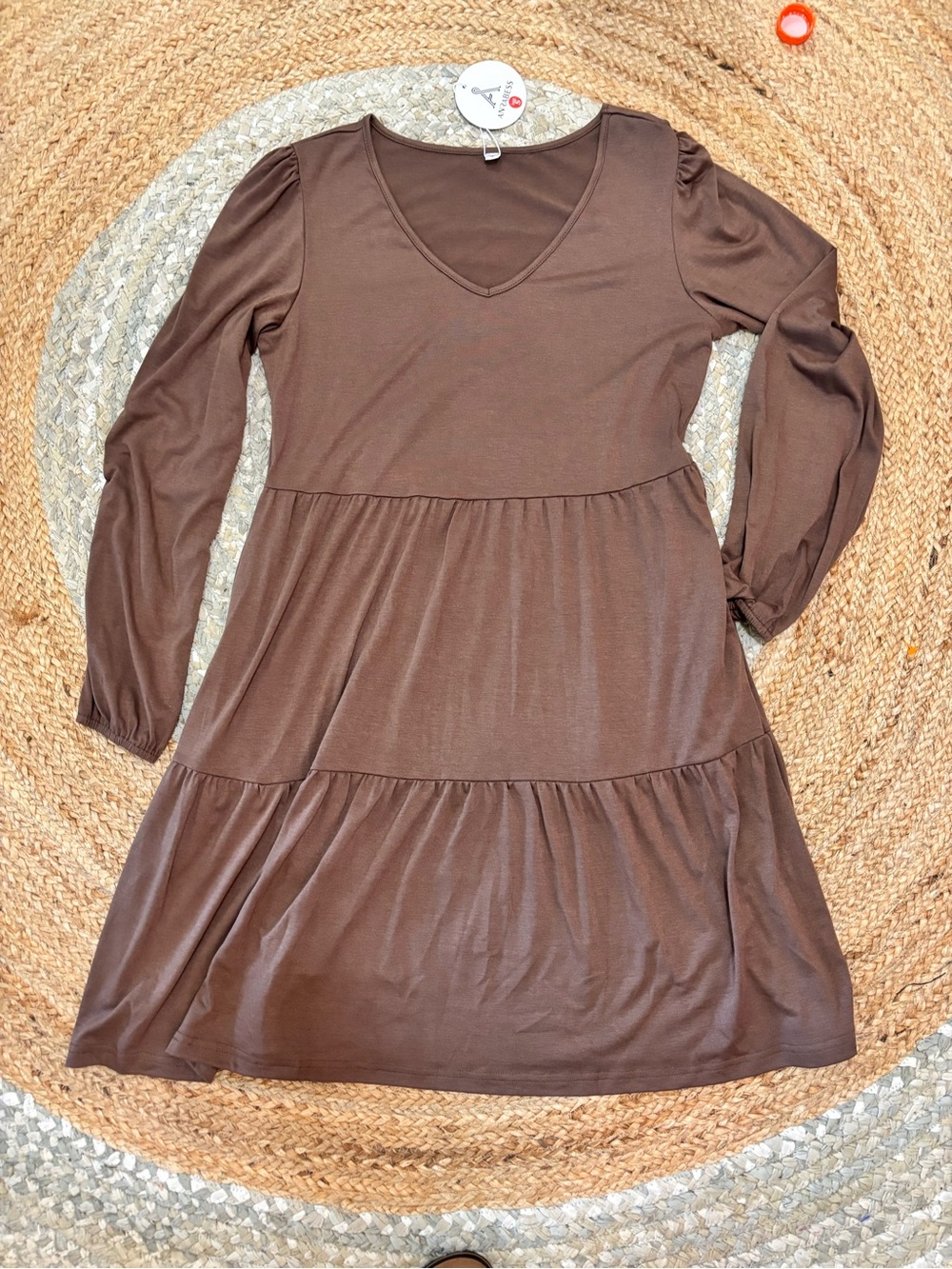 Anrabess Tiered V-Neck Long Sleeve Dress in Chocolate Brown